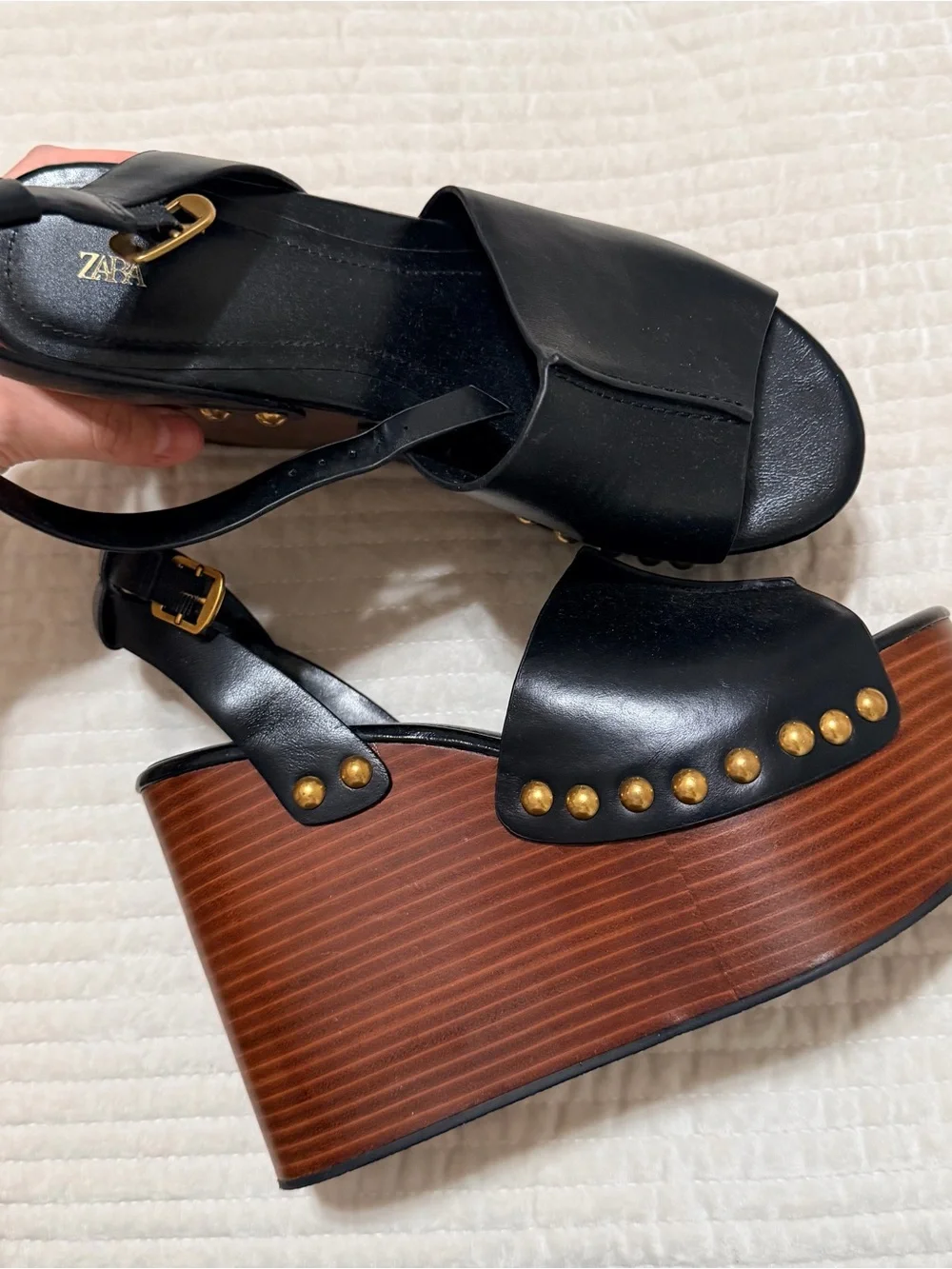 Zara Black Leather Platform Wedge Sandals with Brown Wood-Effect Sole